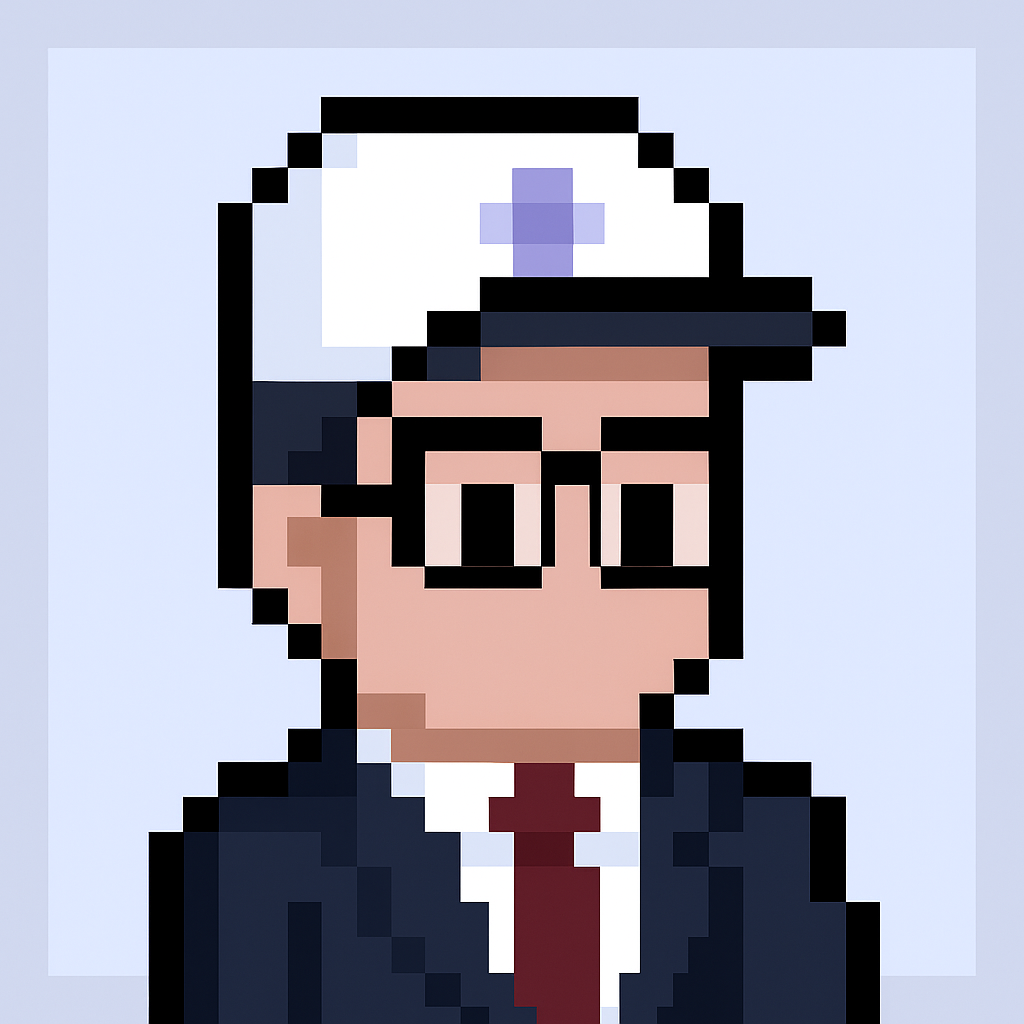 Contract renewal negotiation AI agent avatar - professional pixel art character with white cap, glasses, and business suit for revenue enablement managers