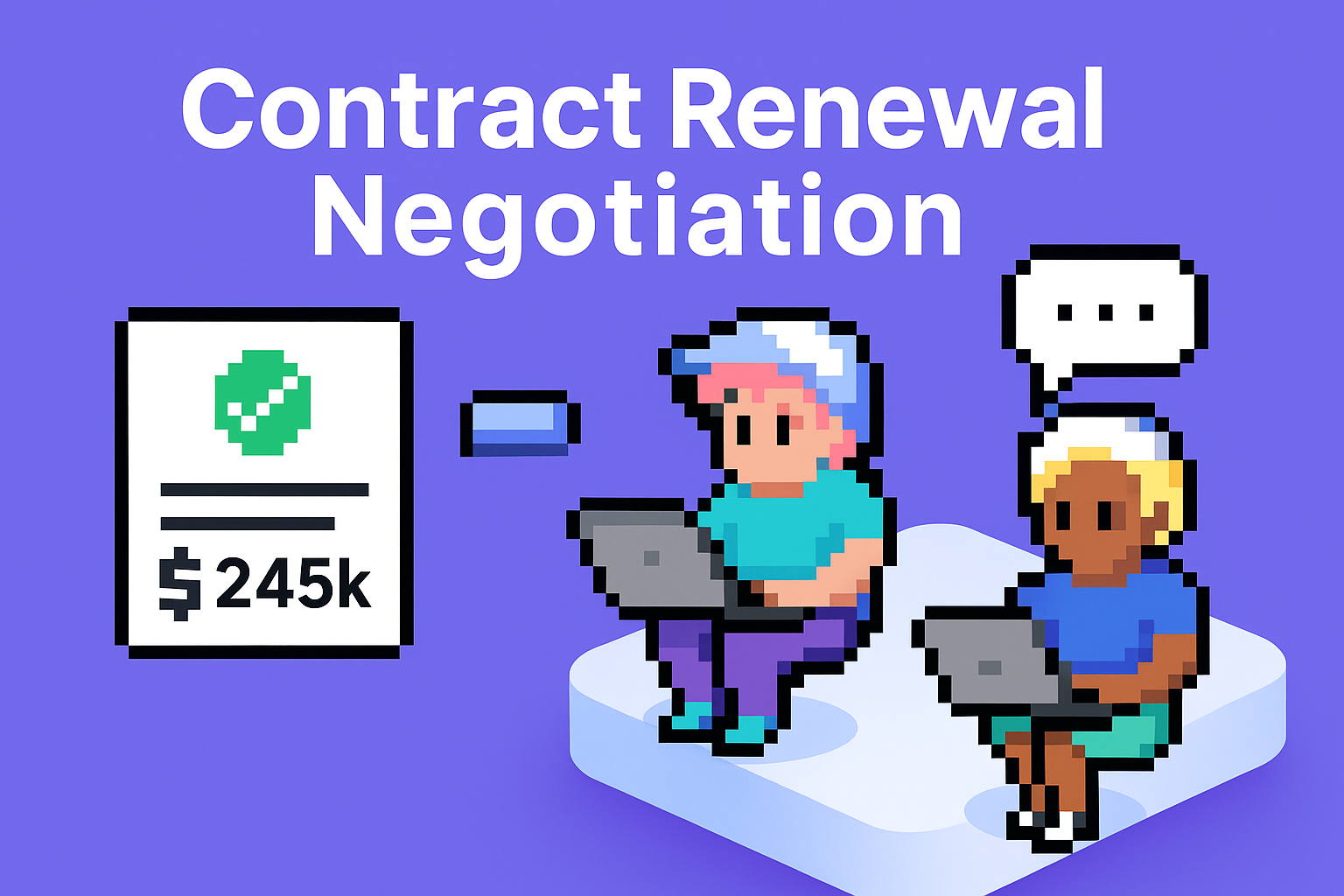 Contract renewal negotiation AI agents - two professionals using laptops with $245k contract value document showing successful contract renewal negotiation outcomes