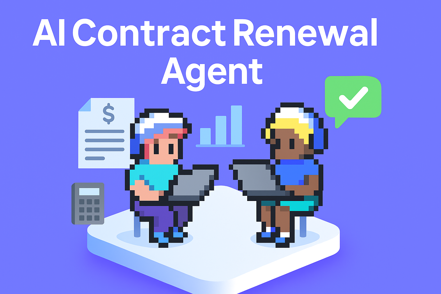 AI Contract Renewal Agent - pixel art illustration showing two solutions consultants using AI agents for contract renewal negotiation with data analytics and proposal generation