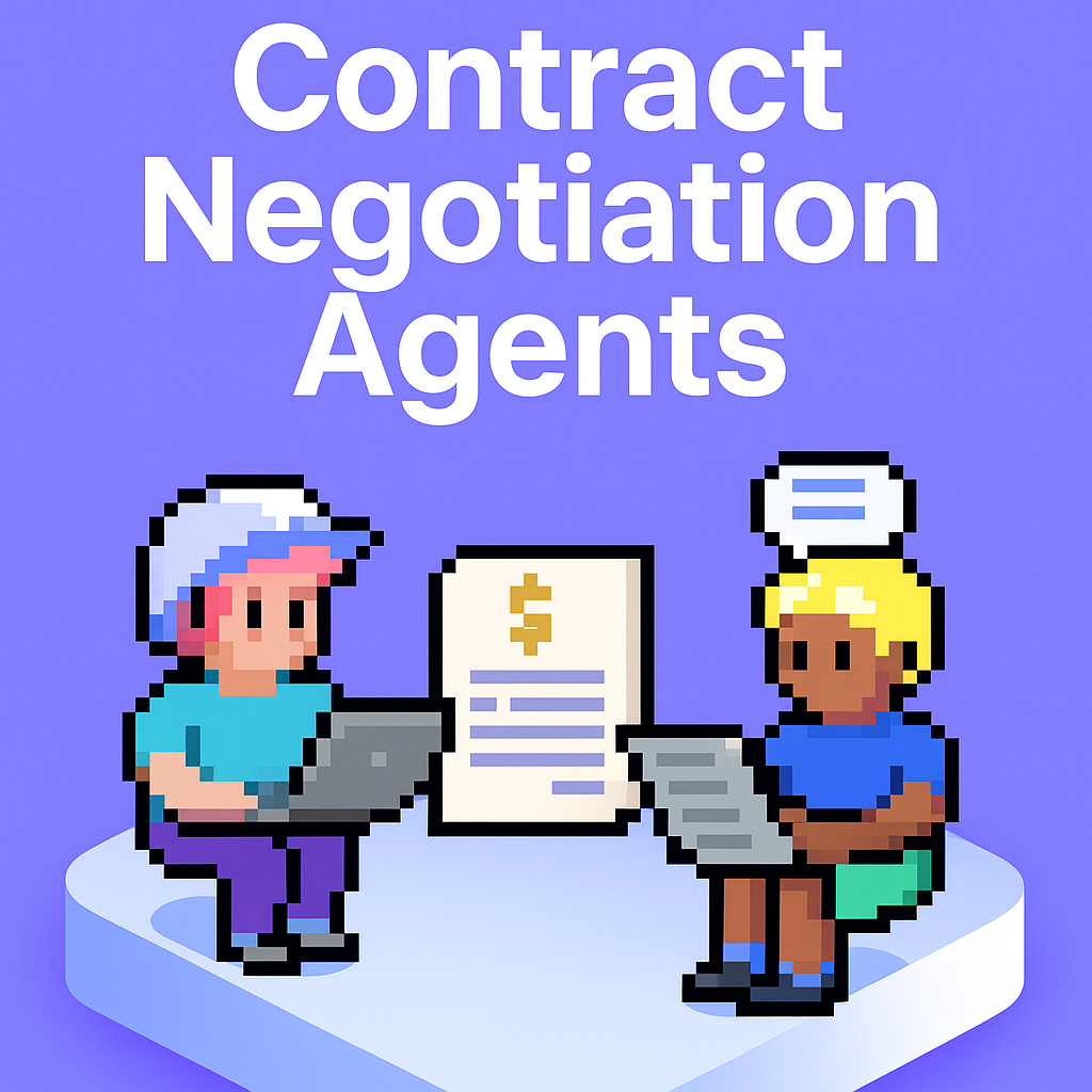 Contract Negotiation Agents - AI-powered contract renewal negotiation meeting with two professionals using laptops and contract documents for vendor management