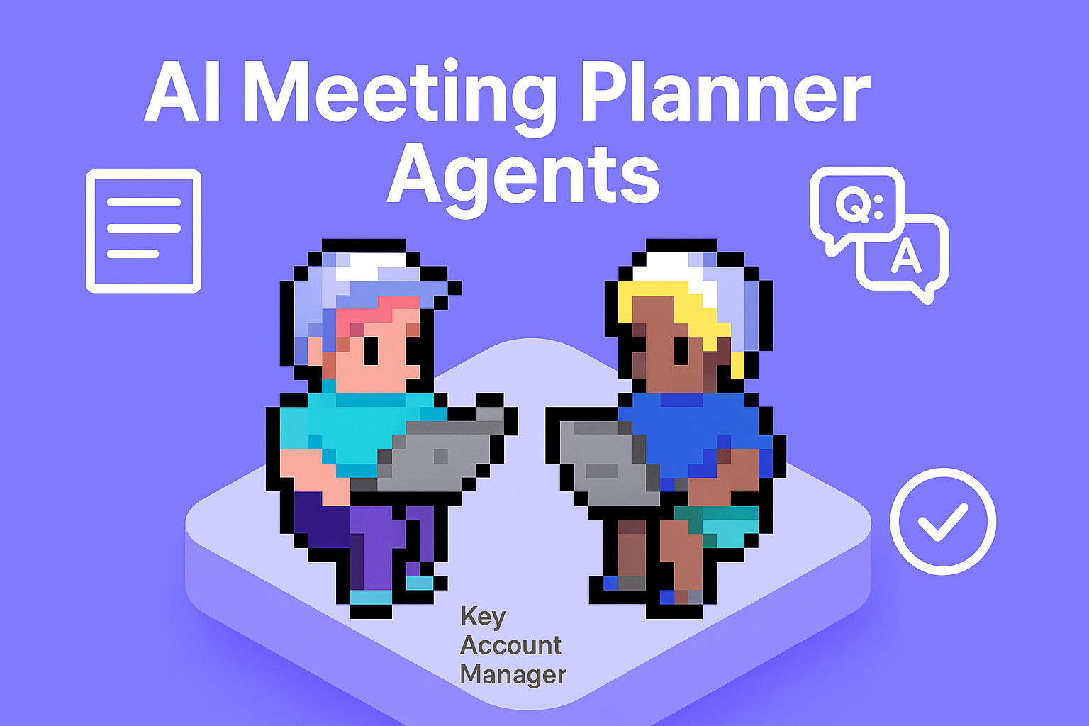 AI Meeting Planner Agents for Key Account Manager contract renewal negotiation - two professionals collaborating with laptops and meeting planning icons