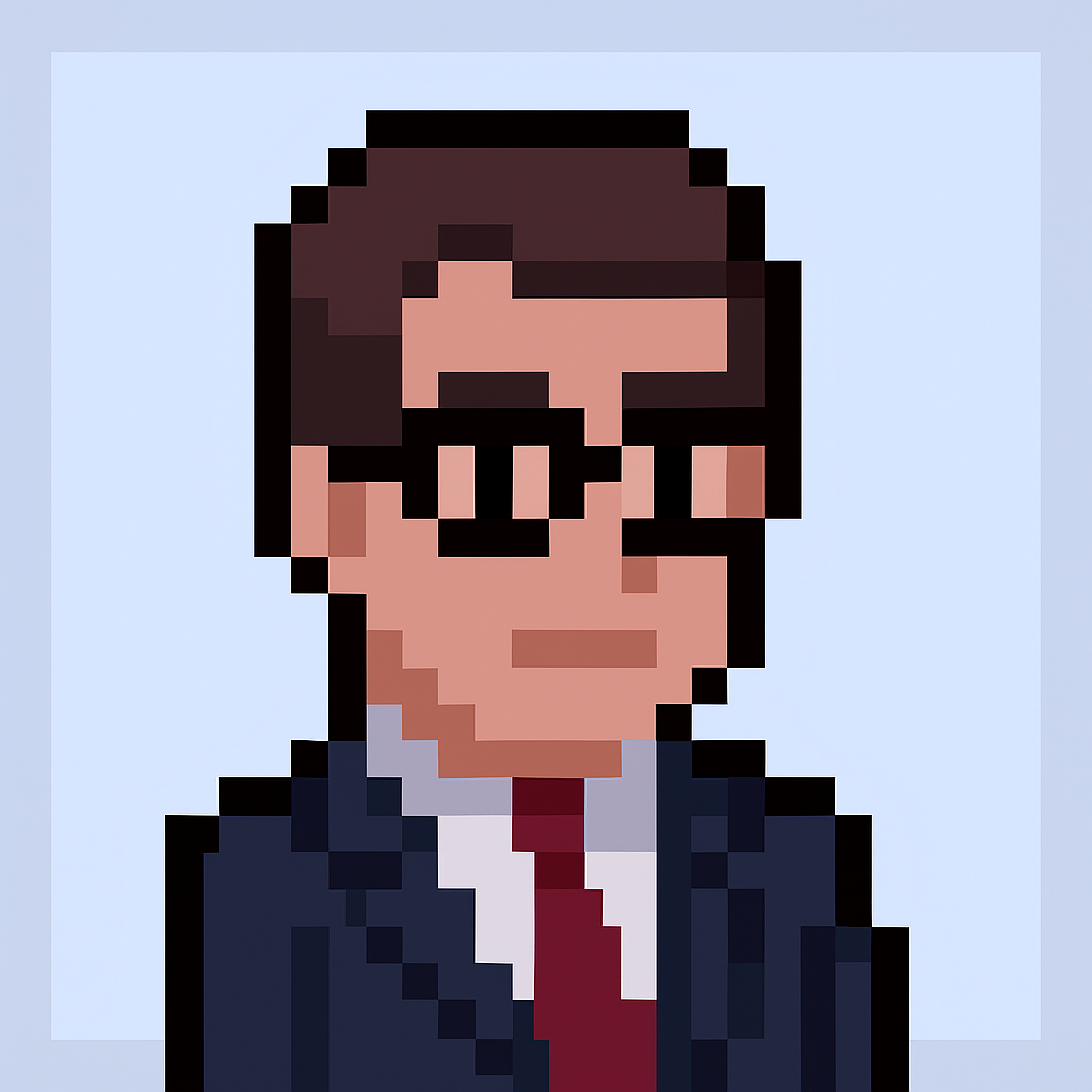Contract renewal negotiation AI agent avatar - professional key account manager with glasses in pixel art style for automated meeting planning