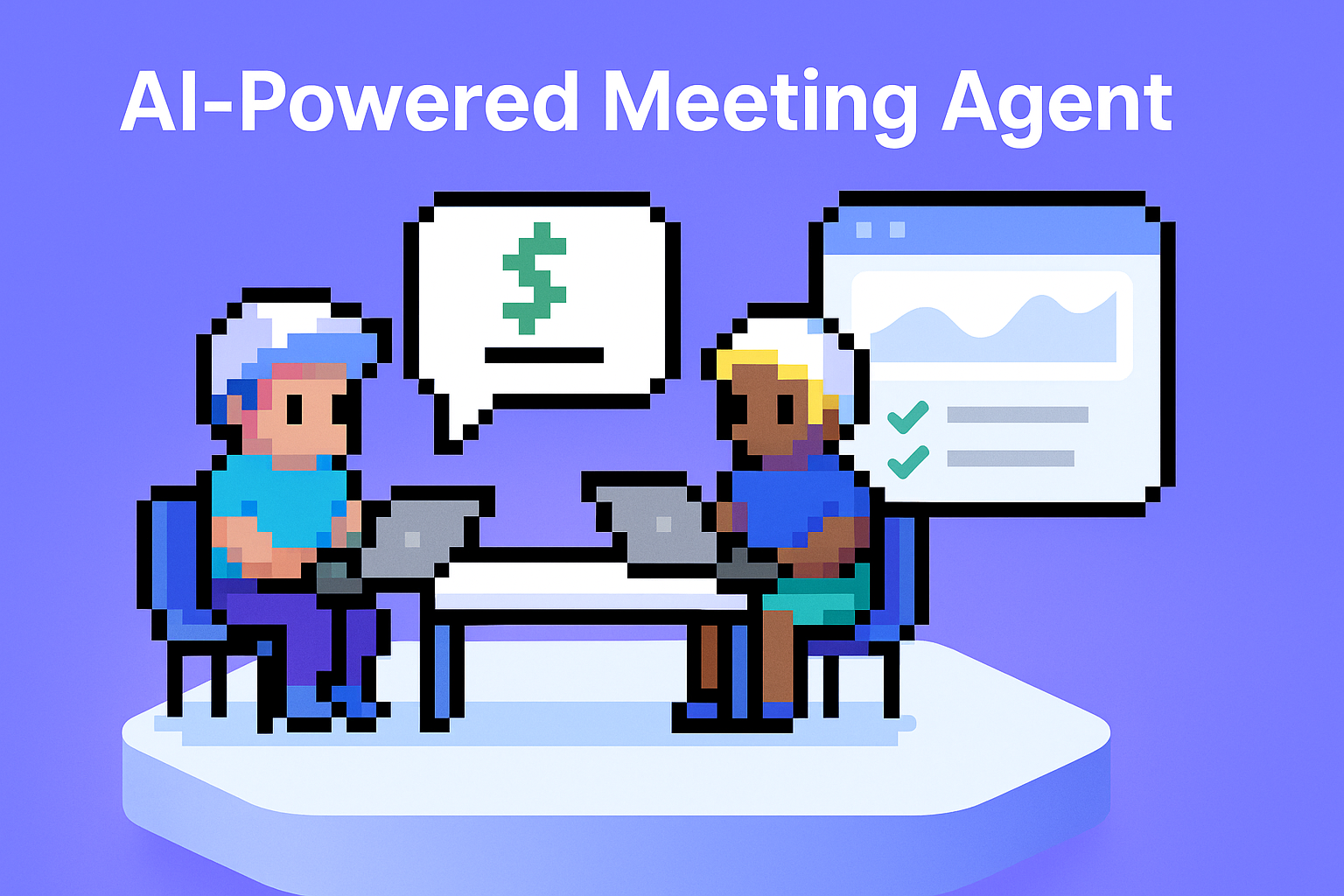 AI-Powered Meeting Agent for contract renewal negotiation - two professionals discussing contract terms with dollar sign speech bubble and performance analytics dashboard