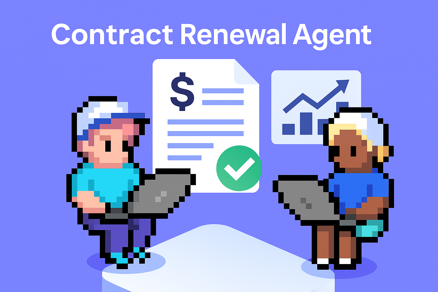 Contract Renewal Agent - Two AI-powered territory managers with laptops analyzing contract renewal data and financial reports