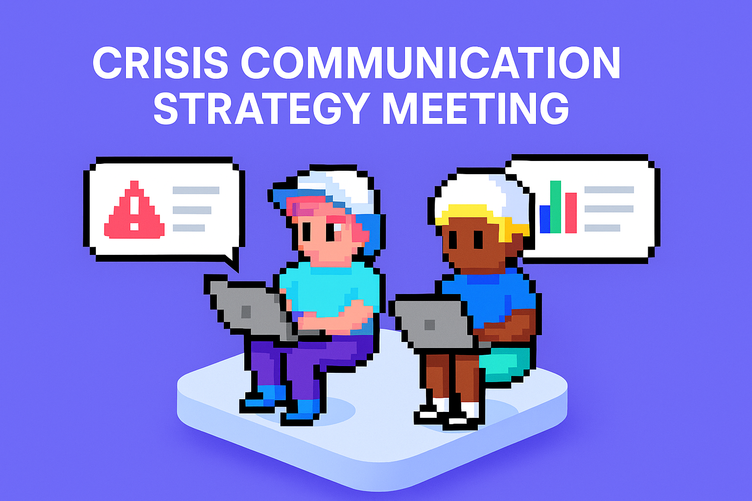 Crisis Communication Strategy Meeting - Two AI agents collaborating on crisis management with warning alerts and data analysis charts for public relations managers