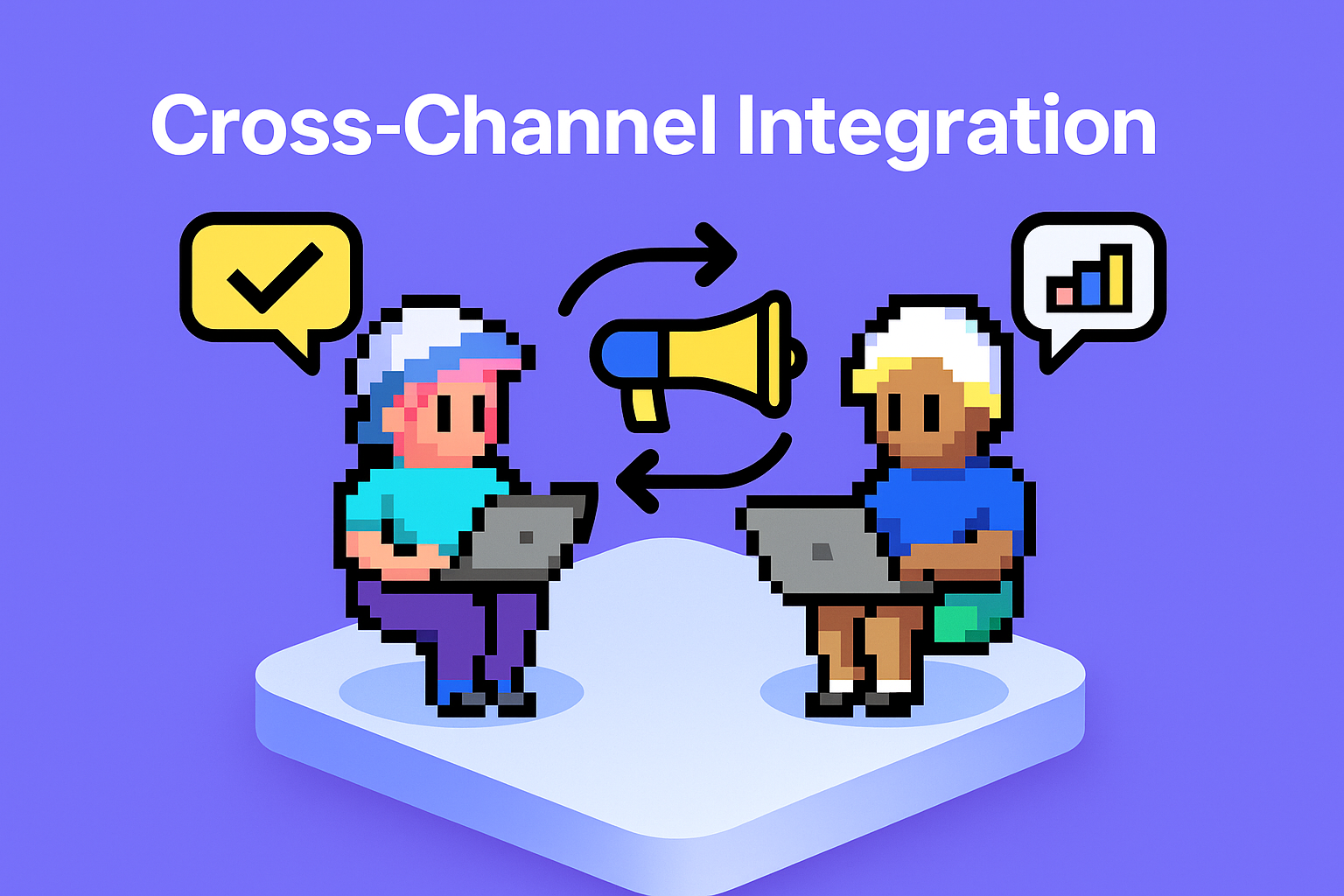 Cross-Channel Integration AI agents collaborating on multi-channel marketing campaigns with communication icons and performance analytics