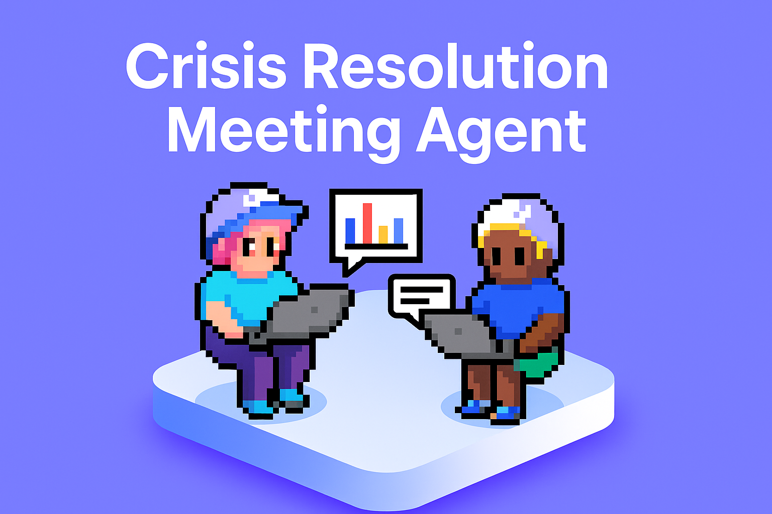Crisis Resolution Meeting Agent - two AI agents collaborating on laptops with data visualization and communication tools for key account crisis management