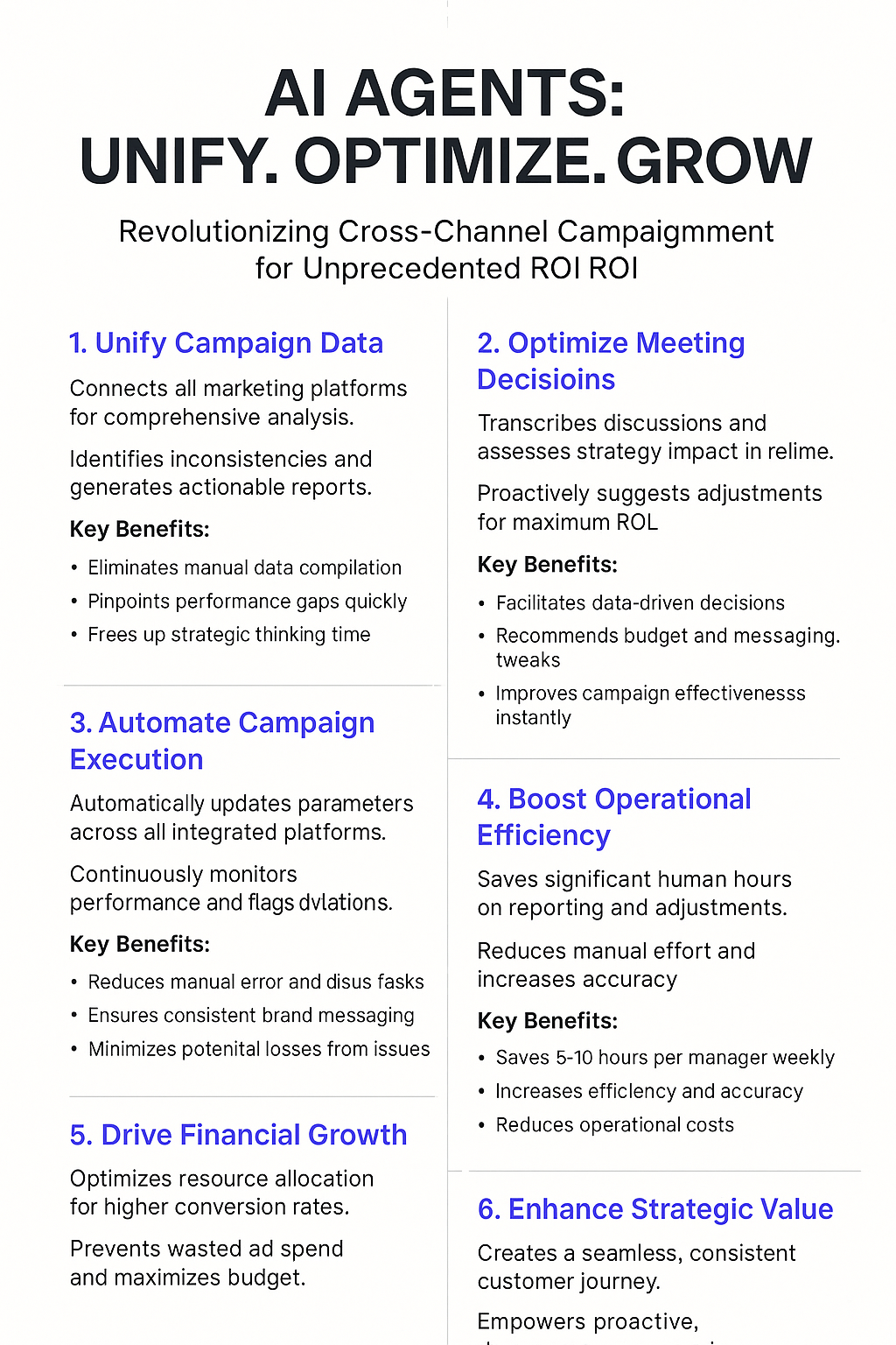 AI Agents Unify Optimize Grow infographic showing cross-channel campaign optimization with unified data, automated execution, and enhanced ROI for campaign managers