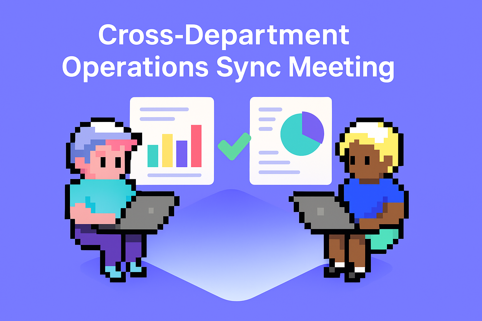 Cross-Department Operations Sync Meeting - two professionals with laptops collaborating on cross departmental teamwork with data charts and analytics for operations technology managers