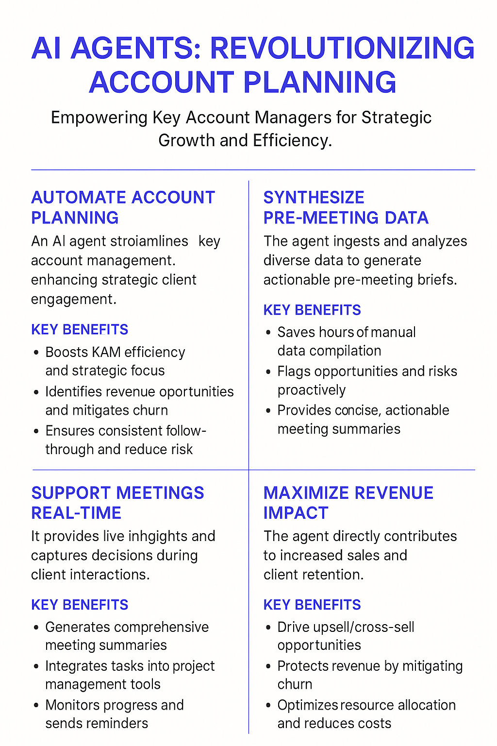 AI Agents: Revolutionizing Account Planning infographic showing how meeting automation empowers key account managers through automated data synthesis, real-time meeting support, and revenue impact maximization