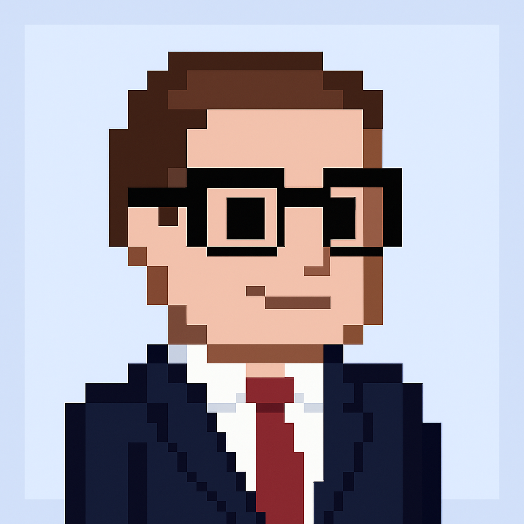 Professional key account manager avatar in pixel art style wearing glasses and business suit for cross-functional account team meeting agent