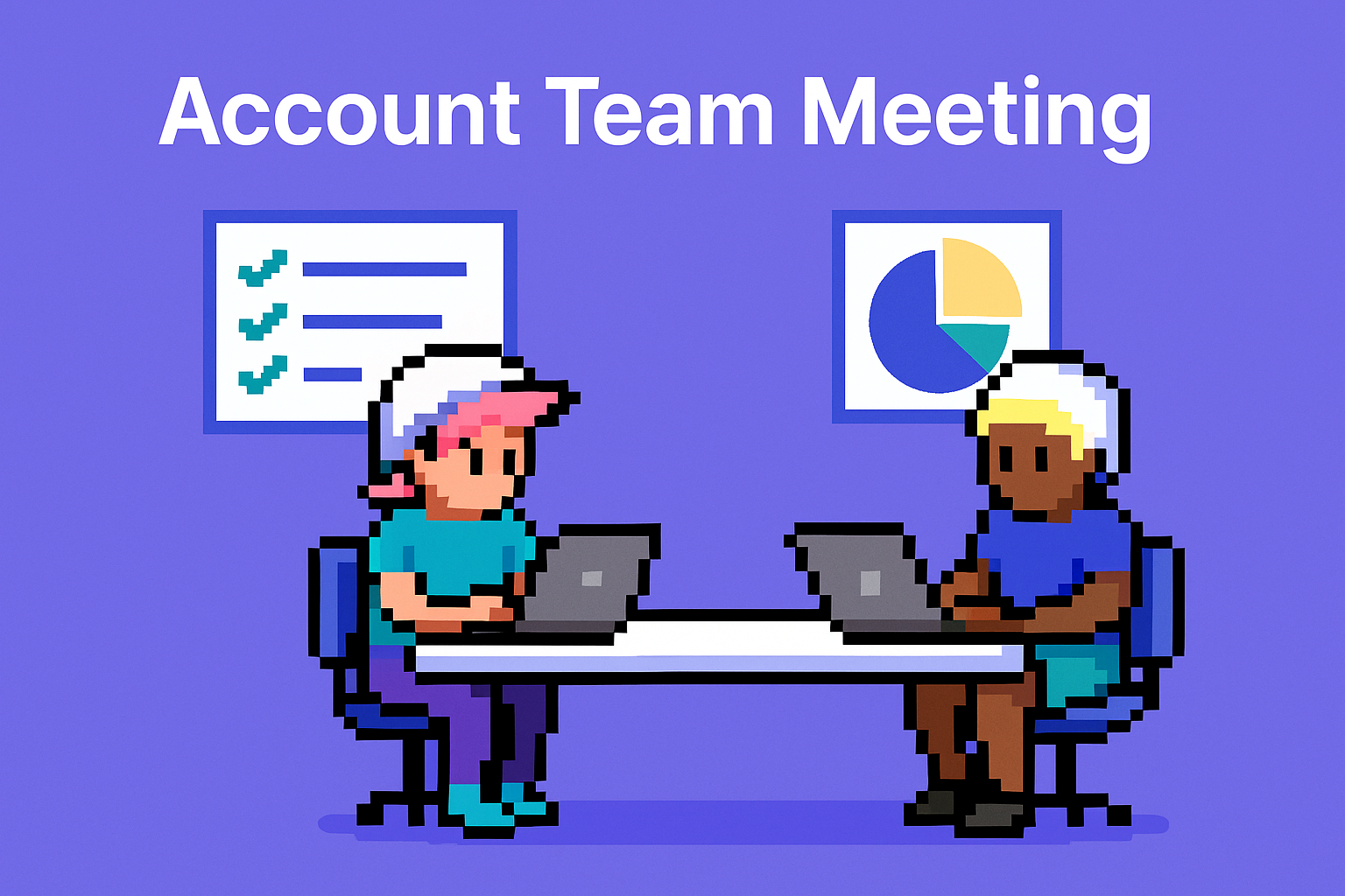 Account Team Meeting - Two professionals collaborating with laptops and data charts showing key account management best practices and cross-functional team coordination
