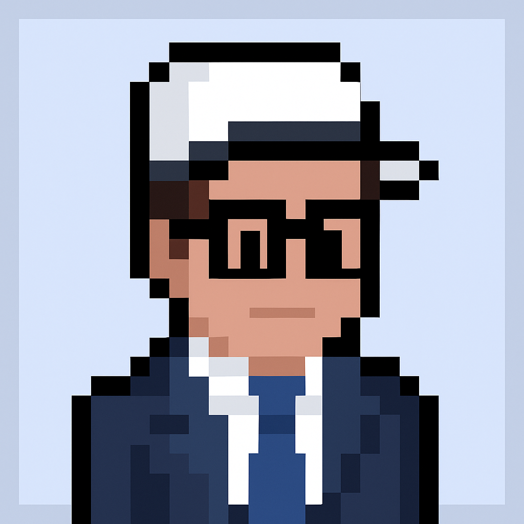 Professional key account manager AI agent avatar in pixel art style wearing white cap, glasses, and dark suit with blue tie for cross-functional account team meeting coordination