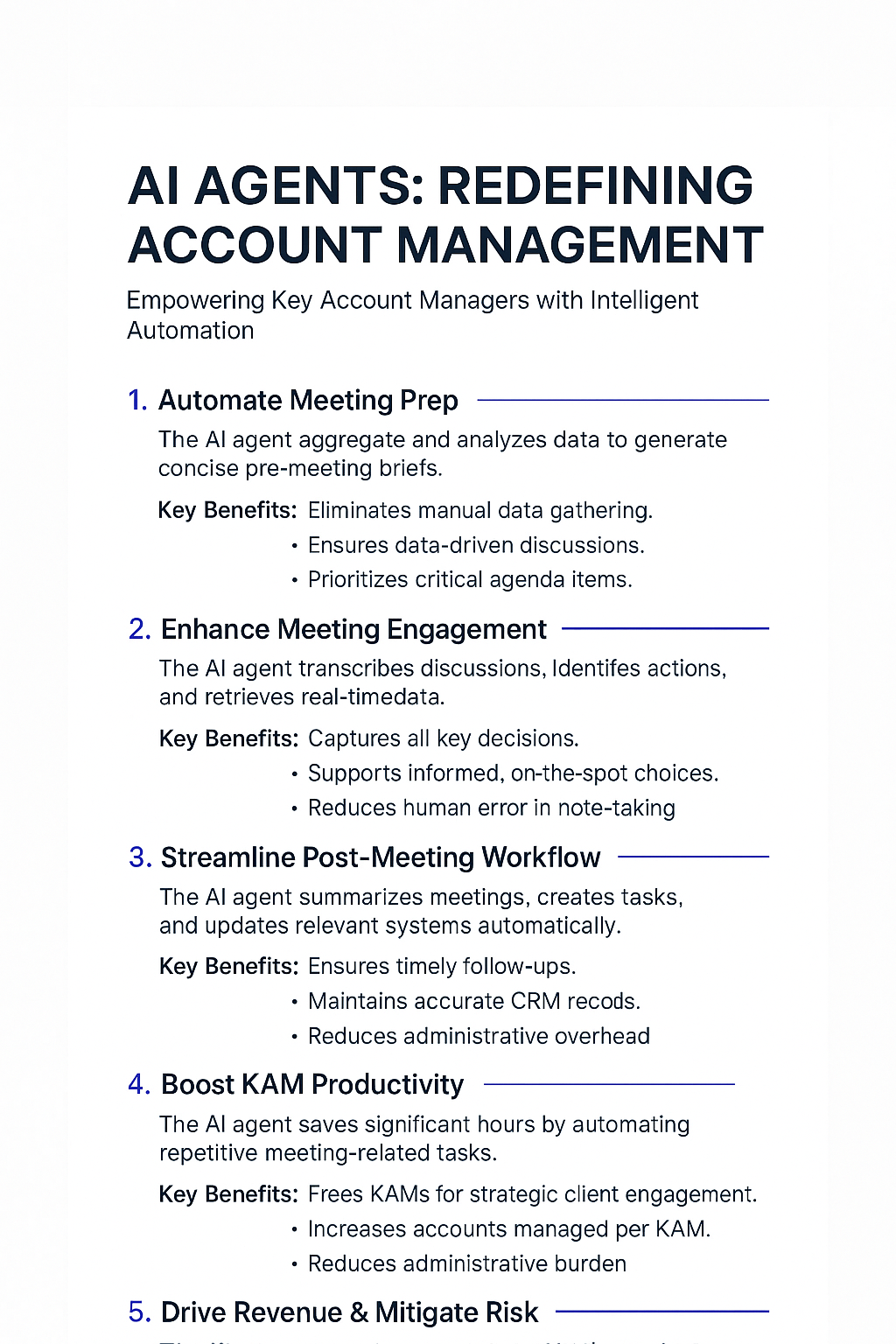 AI Agents: Redefining Account Management infographic showing 5 key benefits including automate meeting prep, enhance meeting engagement, streamline post-meeting workflow, boost KAM productivity, and drive revenue for complex account relationship management
