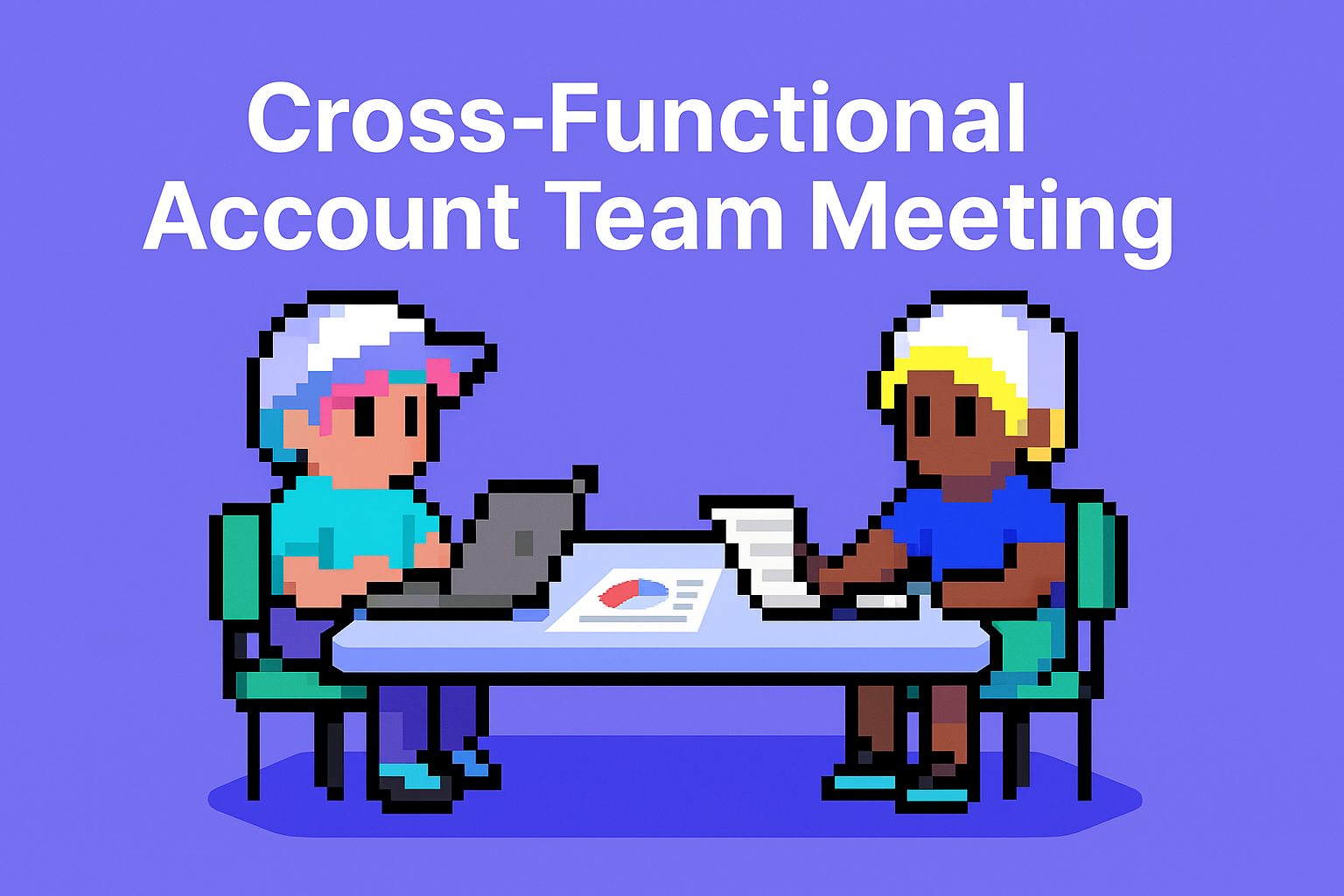 Cross-Functional Account Team Meeting - two AI agents collaborating on account management best practices with laptops and data visualization charts