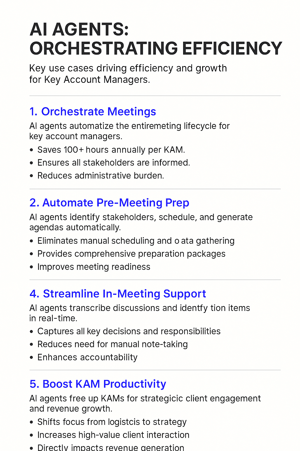 AI Agents Orchestrating Efficiency infographic for Key Account Managers showing 4 key use cases: meeting orchestration, automated prep, in-meeting support, and productivity boost for complex account relationship management