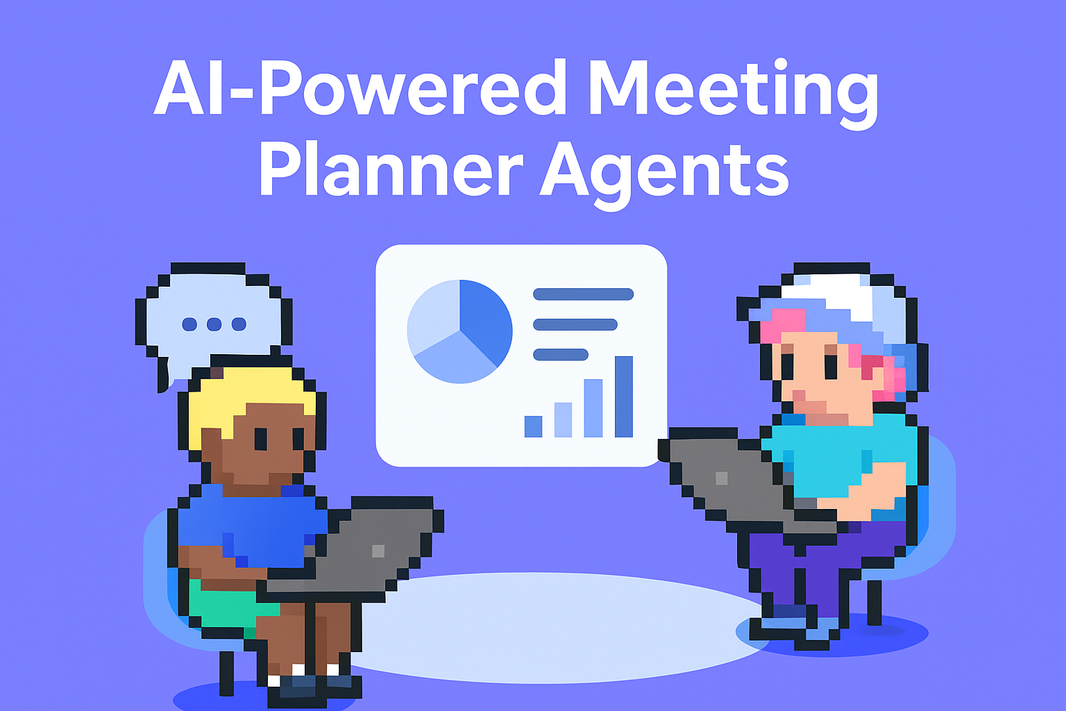 AI-Powered Meeting Planner Agents illustration showing territory managers using laptops with account management data visualization for cross-functional team collaboration
