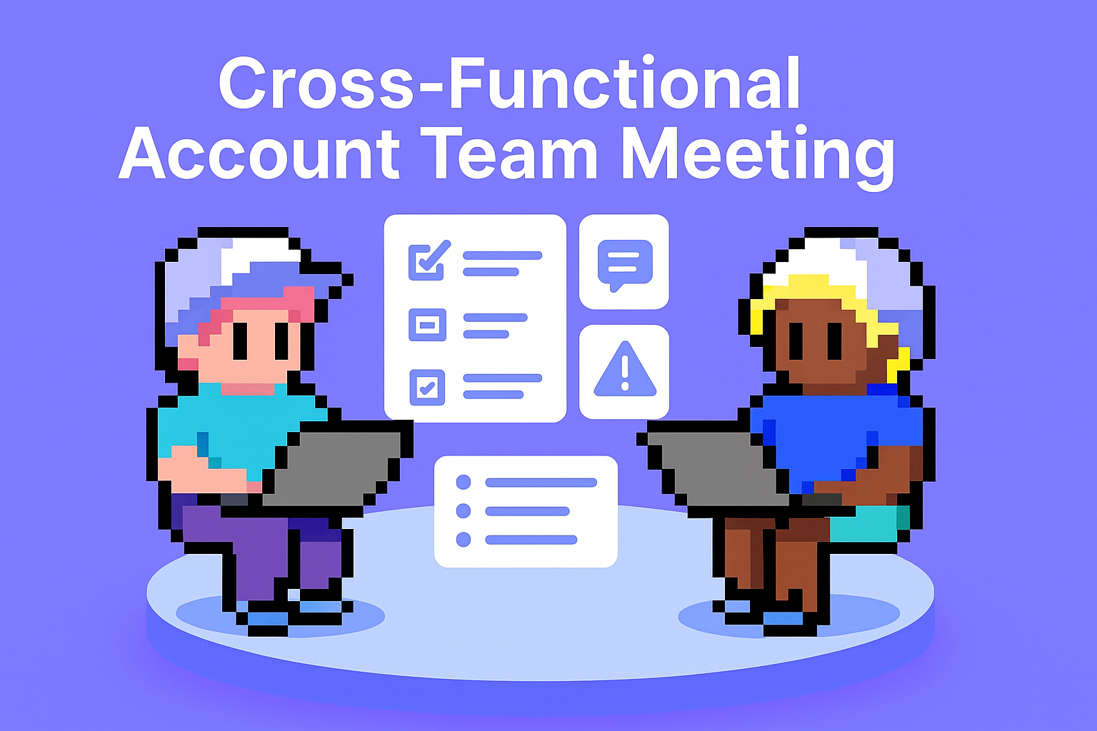 Cross-Functional Account Team Meeting illustration showing two professionals collaborating on laptops with meeting coordination icons for key account management best practices