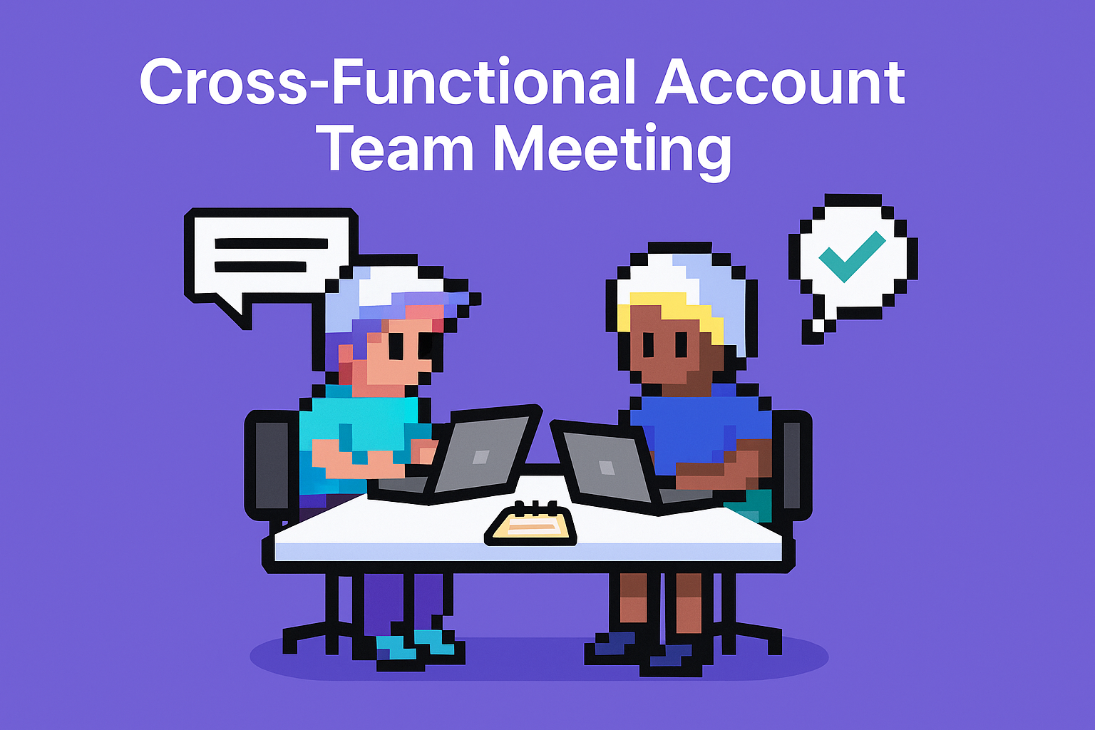 Cross-functional account team meeting illustration showing two professionals collaborating with laptops and discussing meeting agenda automation