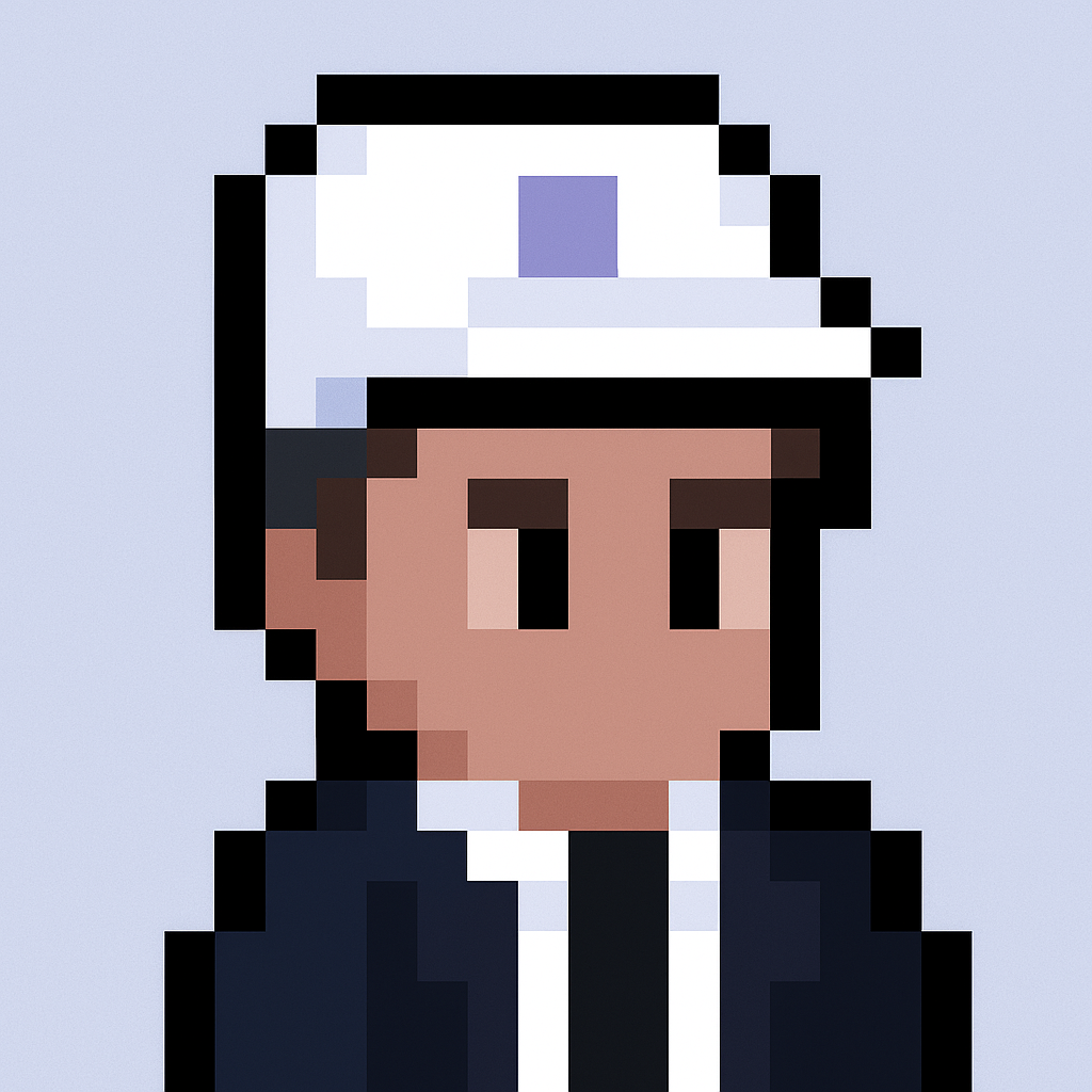 Professional pixel art avatar of revenue enablement manager wearing white cap and dark jacket for account team sync meeting agent