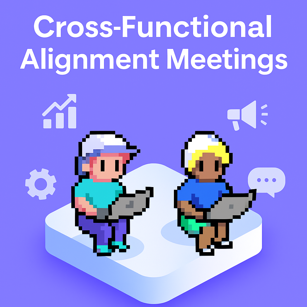 Cross-Functional Alignment Meetings - pixel art illustration showing two professionals collaborating with laptops and business communication icons to gain cross-functional alignment