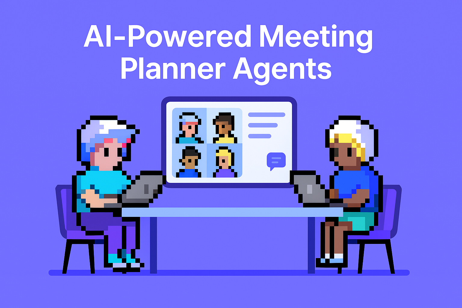 AI-Powered Meeting Planner Agents - Two pixel art professionals using laptops for cross-functional account team sync meetings with video conference screen