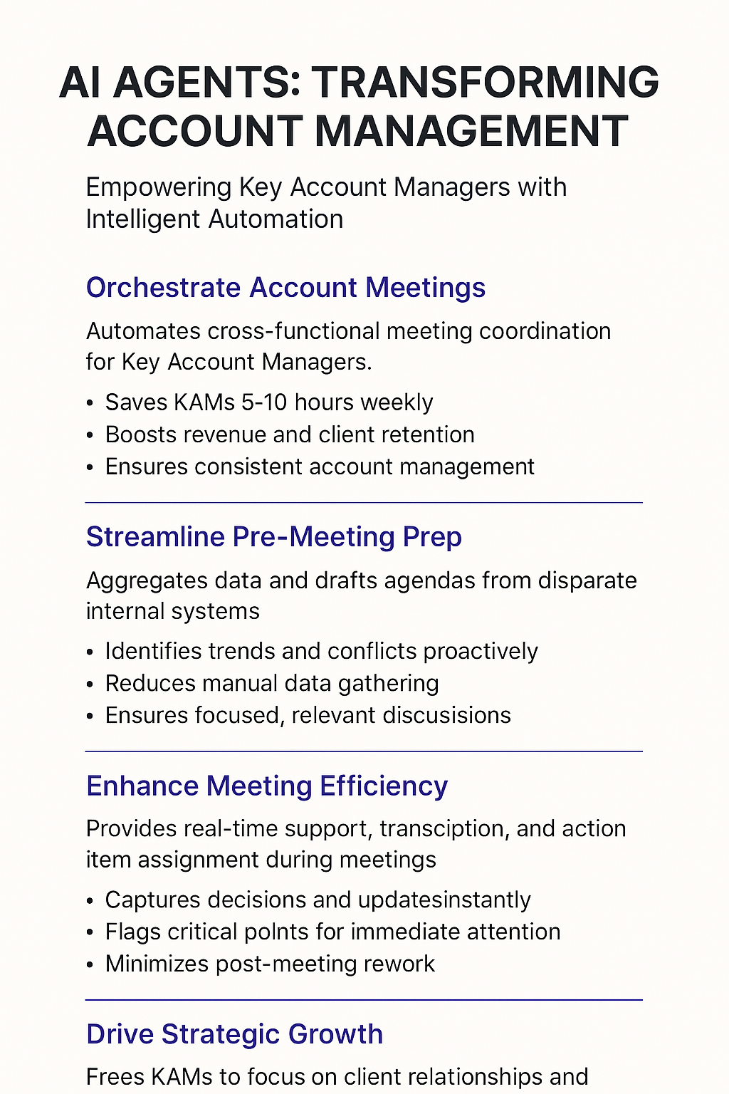 AI Agents Transforming Account Management infographic showing intelligent automation empowering key account managers through meeting orchestration and strategic growth