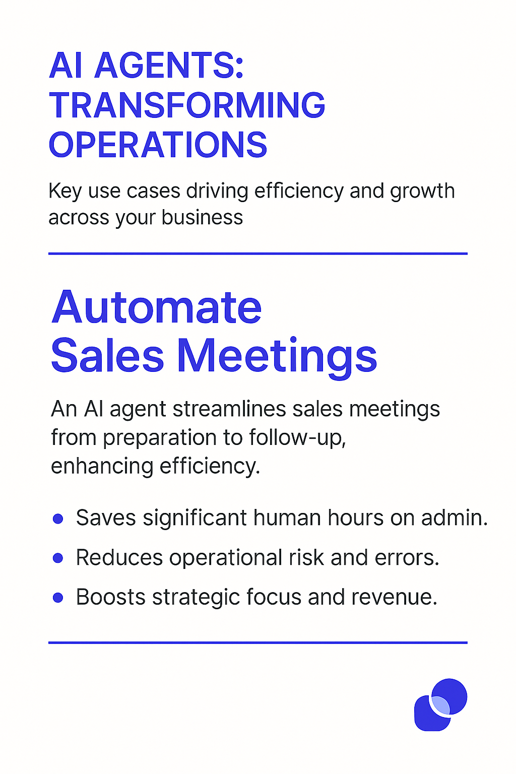 AI agents transforming operations infographic highlighting automated sales meetings benefits including time savings, reduced errors, and strategic focus for cross-functional teams