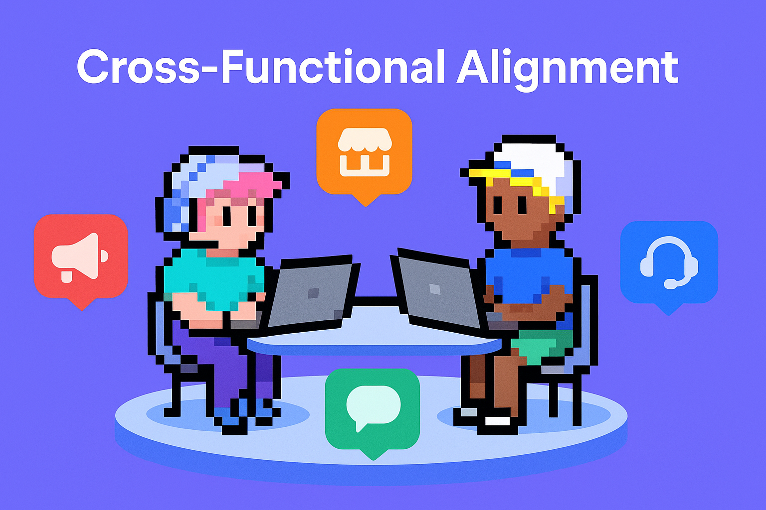 Cross-Functional Alignment meeting illustration showing two team members collaborating with communication tools to gain cross-functional alignment