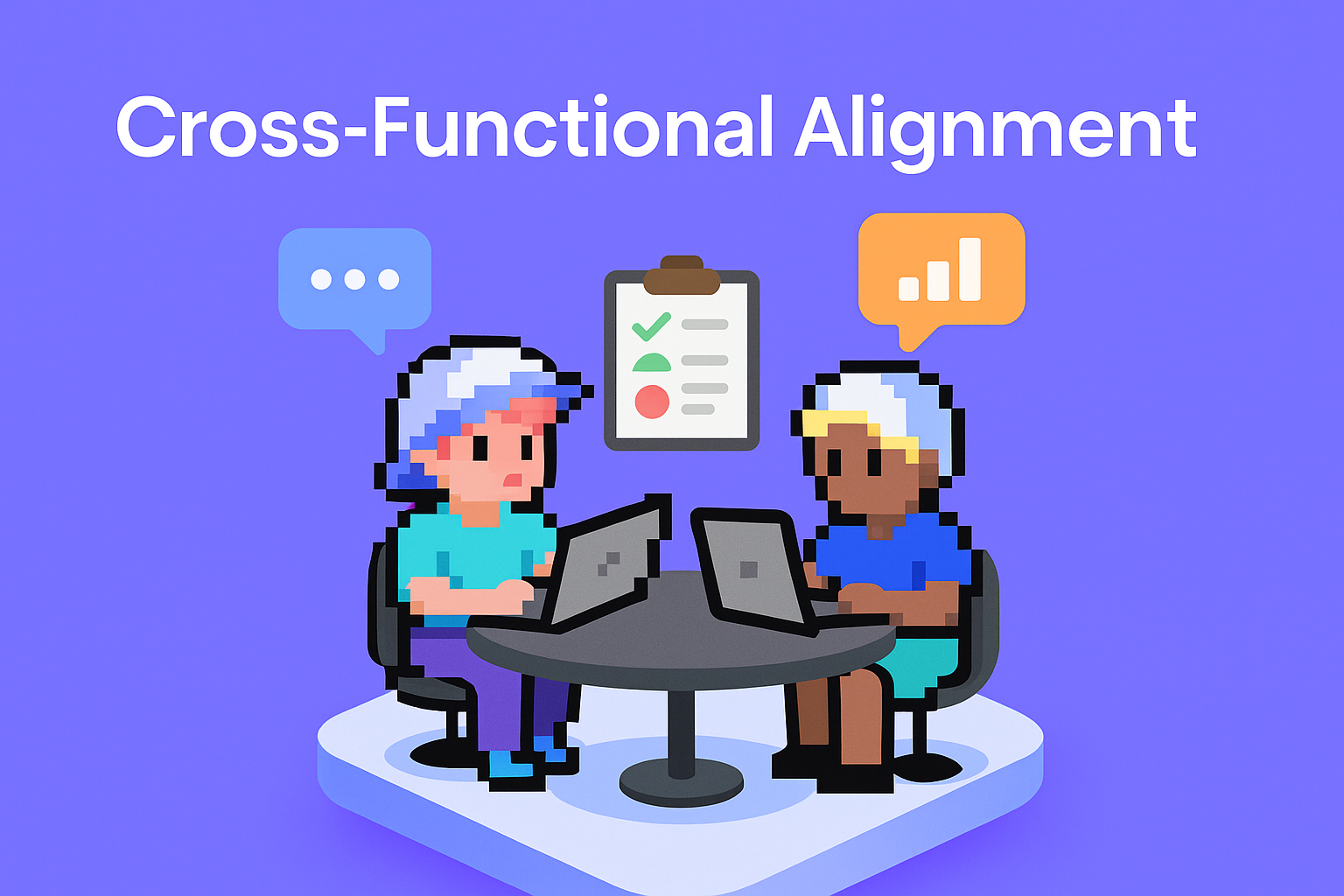 Cross-Functional Alignment meeting illustration showing two professionals collaborating with laptops, speech bubbles, and checklist for key account managers