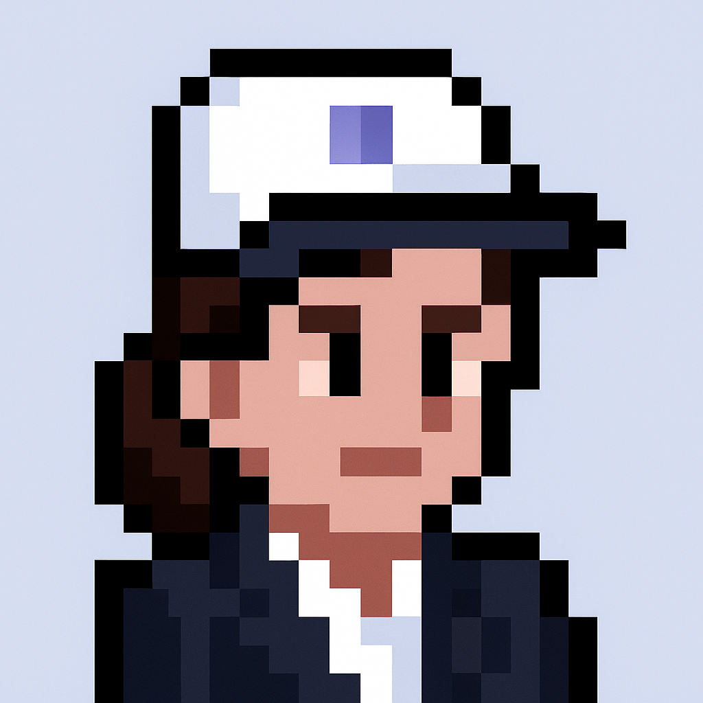 Cross-sell upsell agent avatar - pixel art character with cap and dark jacket representing AI-powered key account manager assistant