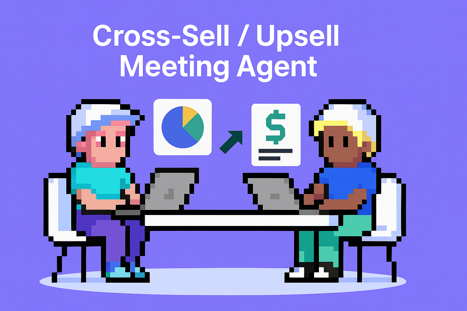 Cross-Sell / Upsell Meeting Agent - two professionals with laptops analyzing pie charts and financial documents for automated cross-sell upsell opportunities