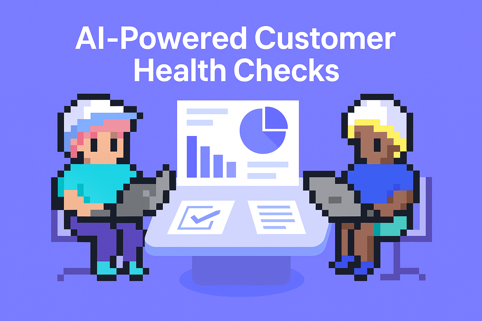 AI-Powered Customer Health Checks - two customer advocacy managers analyzing customer health data and metrics on laptops with dashboard displaying graphs and charts for proactive customer success meetings