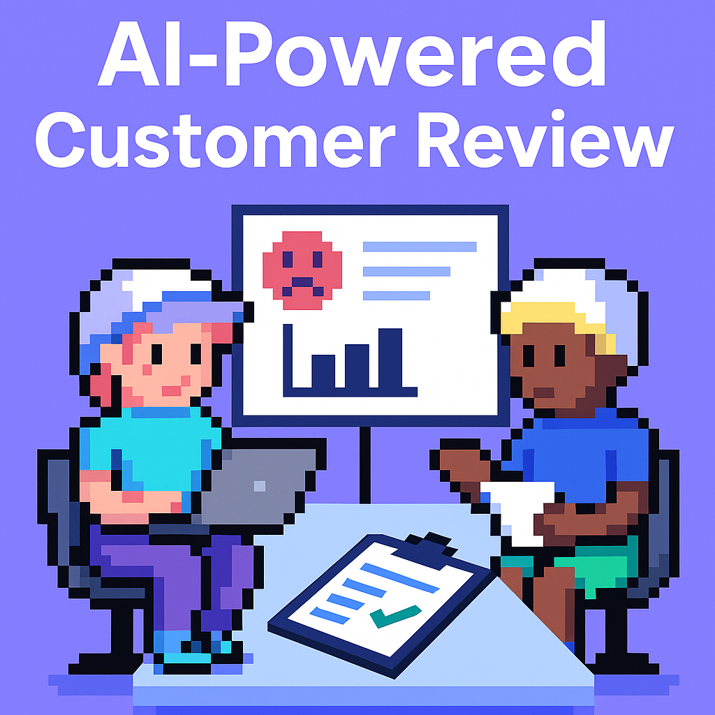 AI-Powered Customer Review - Two professionals conducting quarterly business review meeting with automated data analysis and client satisfaction tracking