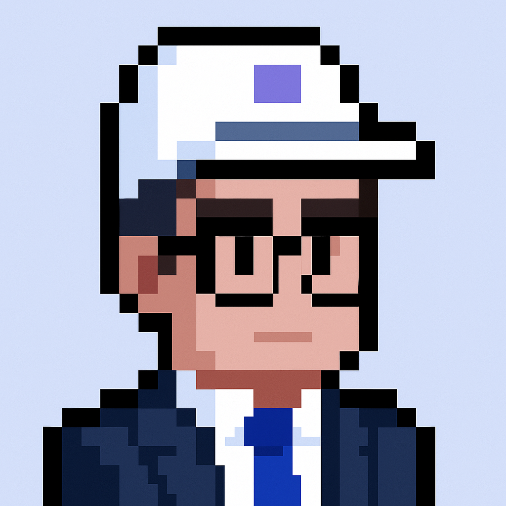 Customer success representative AI agent avatar in pixel art style wearing business attire with glasses and cap for key account managers