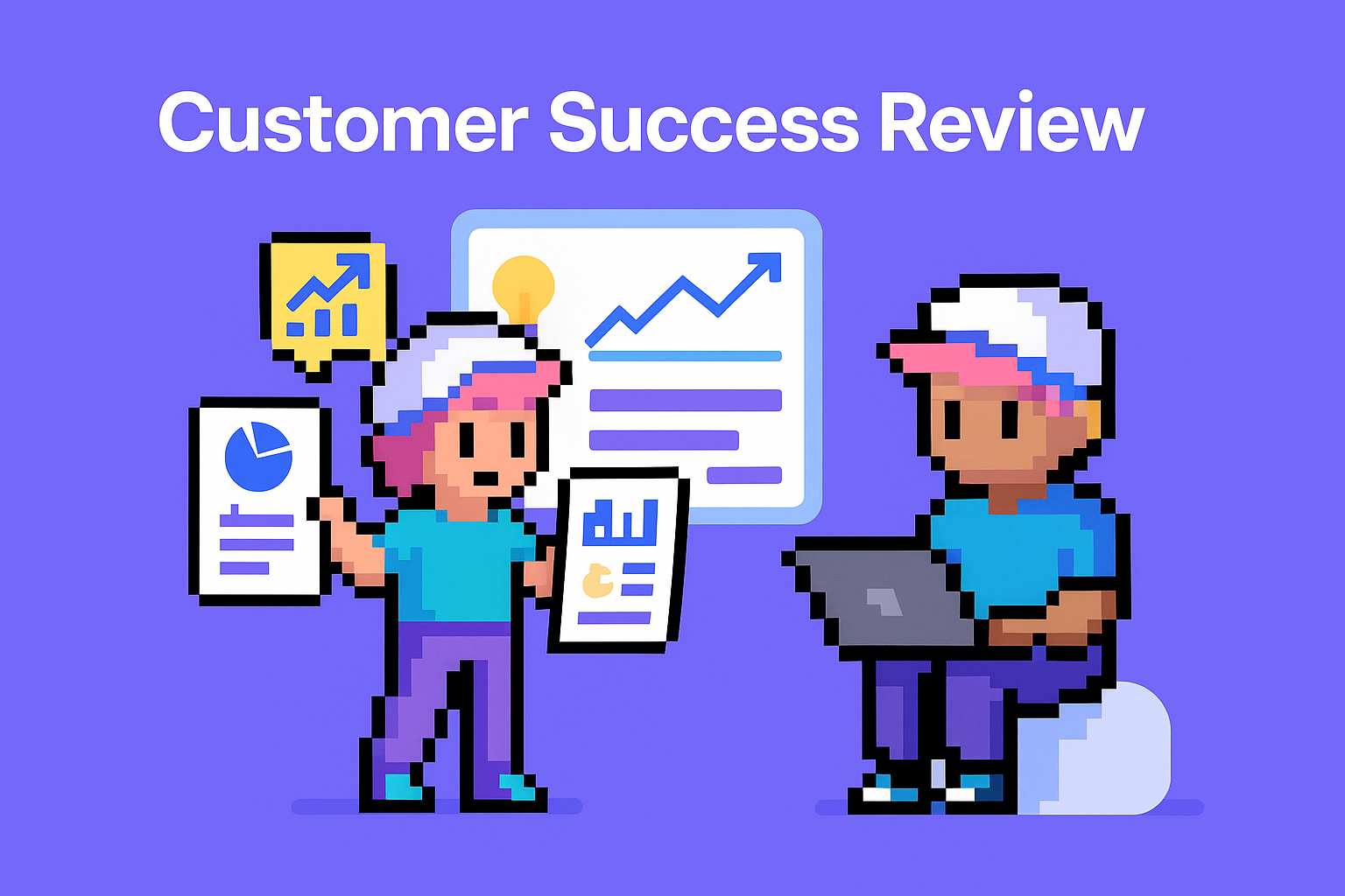 Customer Success Review meeting illustration showing customer success representatives analyzing data with charts and graphs for key account managers
