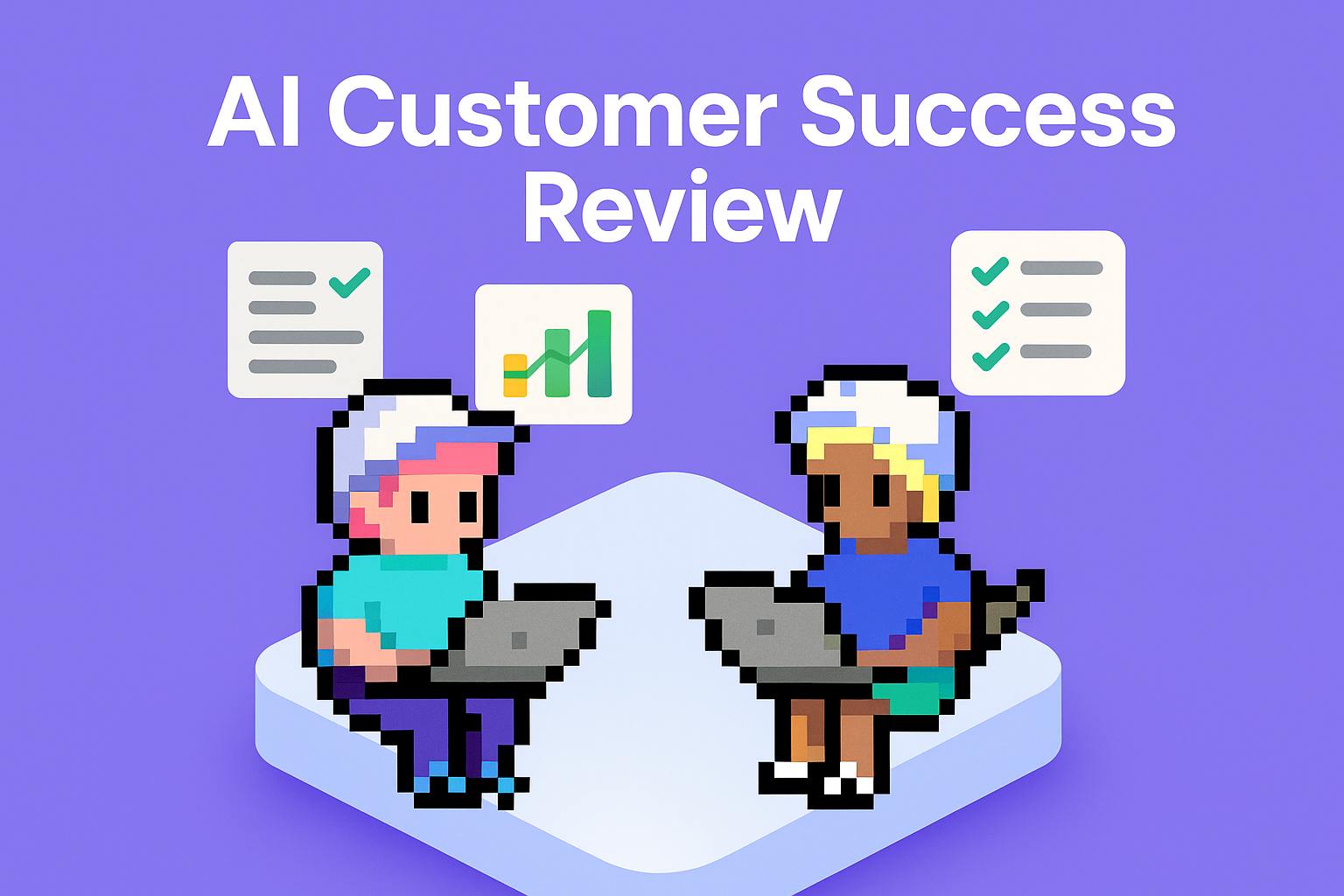 AI Customer Success Review - two professionals using laptops with checklist and graph icons showing automated QBR meeting planning and quarterly business review processes