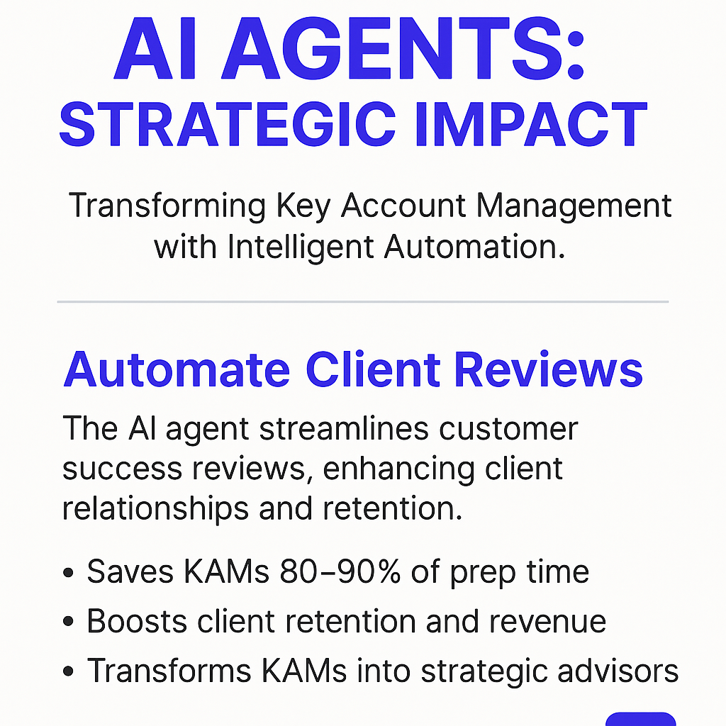 AI Agents Strategic Impact infographic - Transforming Key Account Management with intelligent automation for customer success reviews, saving 80-90% prep time and boosting client retention