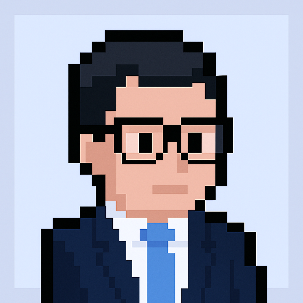Digital transformation manager AI agent avatar - professional pixel art character with glasses and suit for ROI review meeting automation