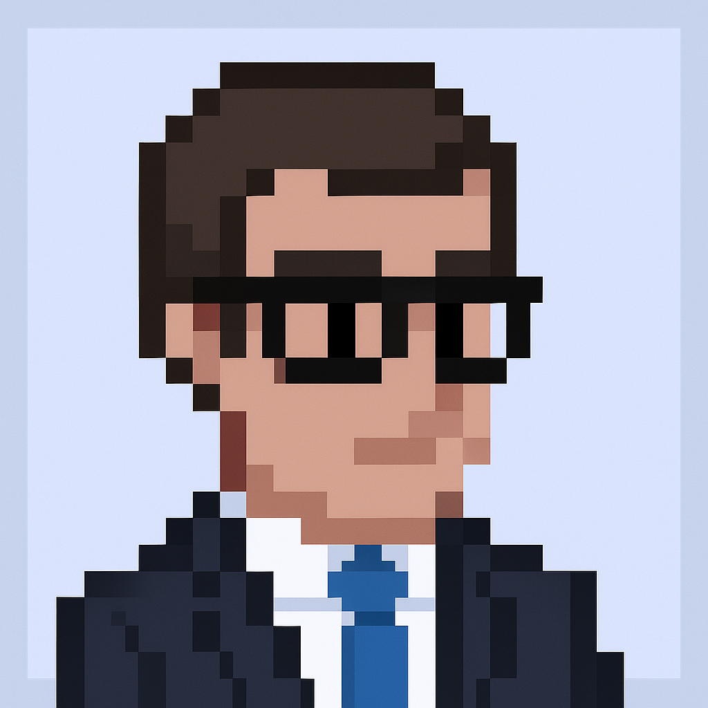 Digital transformation manager AI agent avatar - professional pixel art character with glasses and suit for steering committee meeting automation