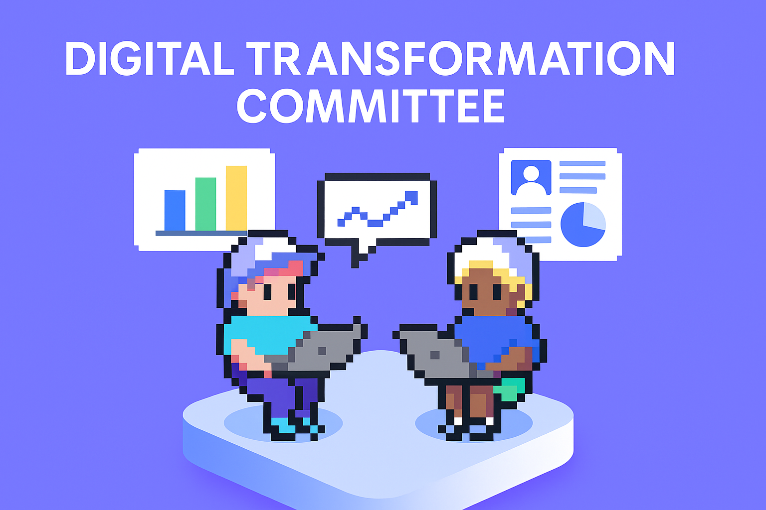 Digital transformation steering committee meeting with AI agents - two professionals using laptops with data visualization charts and graphs for automated meeting planning