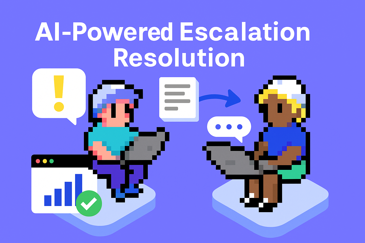 AI-Powered Escalation Resolution meeting illustration showing two Key Account Managers collaborating on laptops with data analysis charts for client issue resolution