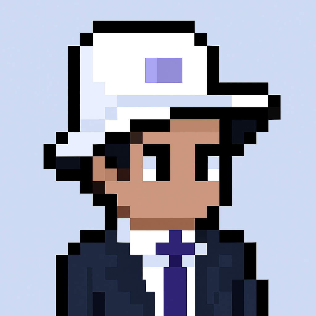 Professional pixel art avatar of executive stakeholder alignment agent for key account managers wearing business suit and hat