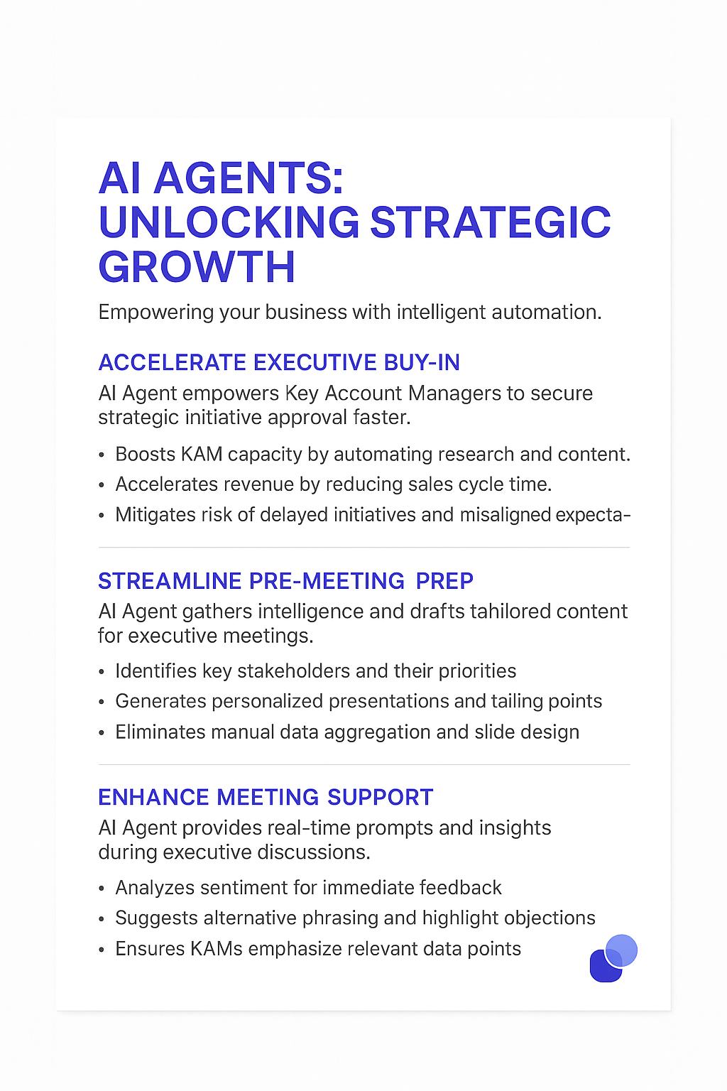 AI Agents: Unlocking Strategic Growth infographic showing how executive stakeholder alignment agents accelerate buy-in, streamline pre-meeting prep, and enhance meeting support for key account managers
