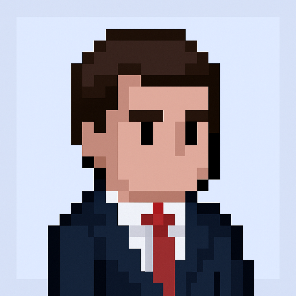 Professional pixel art avatar of Key Account Manager AI agent in business suit with red tie for executive stakeholder alignment meetings