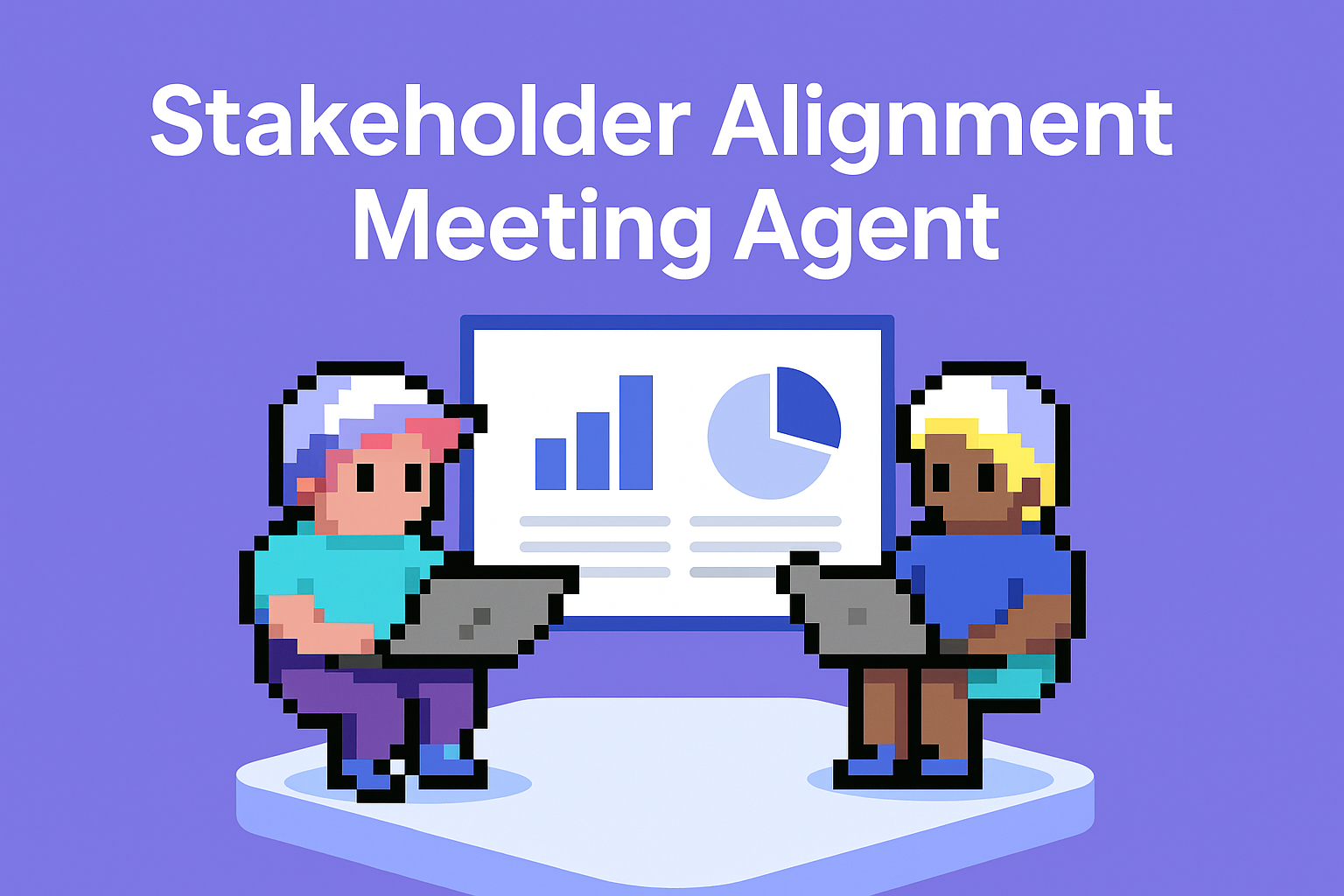 Stakeholder Alignment Meeting Agent - Two AI agents with laptops presenting executive meeting data and analytics on presentation screen
