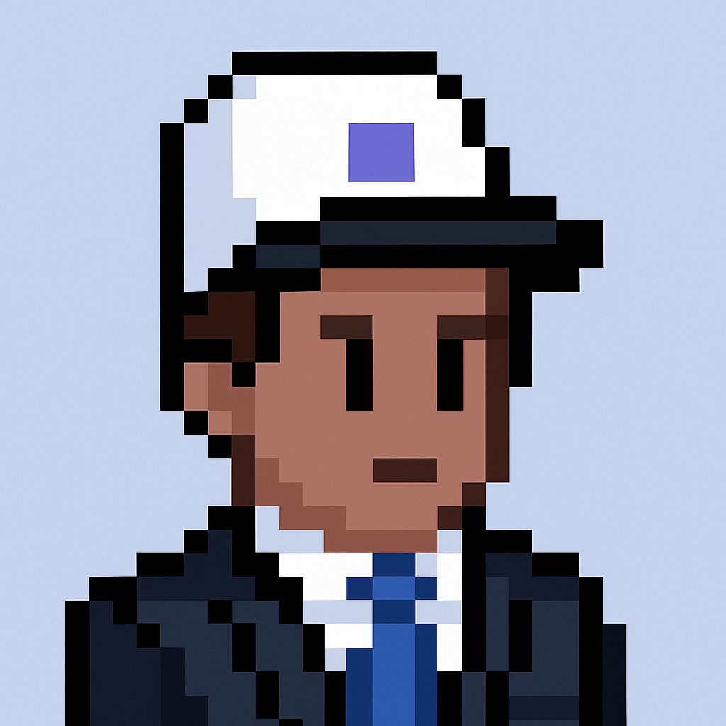 Executive stakeholder alignment meeting agent avatar - professional AI assistant for key account managers in pixel art style with business suit and blue tie