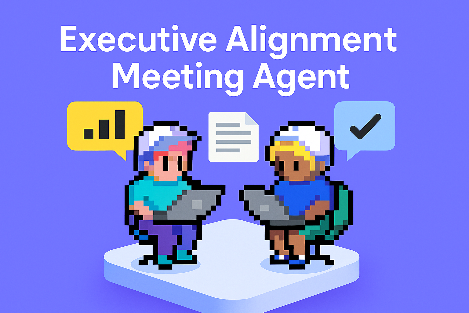 Executive Alignment Meeting Agent - two AI agents collaborating on laptops with data visualization and task completion icons for revenue enablement