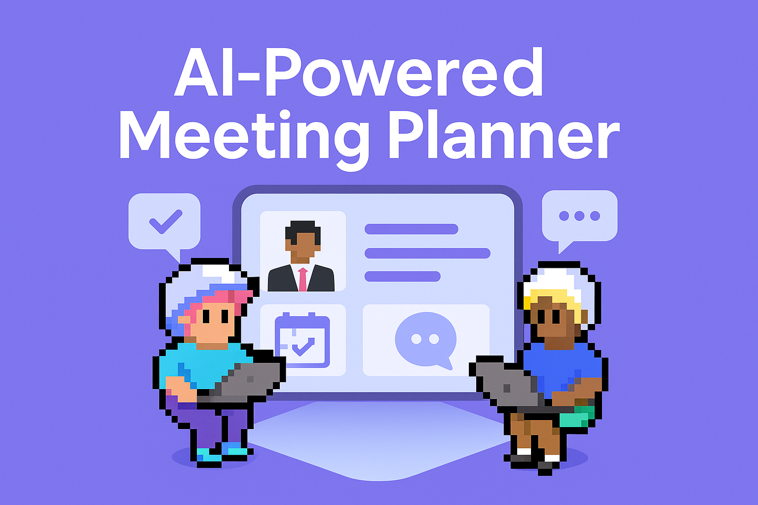 AI-Powered Meeting Planner - stakeholder management model showing two professionals using laptops for executive meeting preparation with calendar and profile display