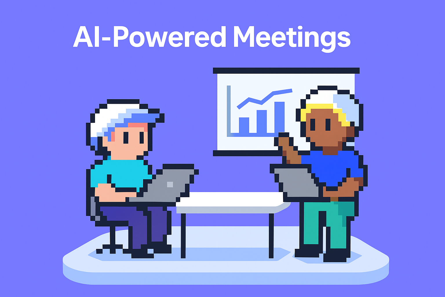 AI-Powered Meetings illustration showing stakeholder management model with two business professionals using AI agent for executive meeting planning and data presentation